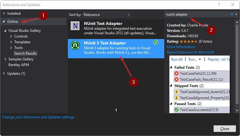 Install NUnit Visual Studio Adapter as an Extension