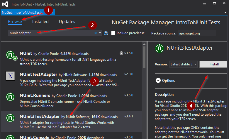 Install NUnit Visual Studio Adapter as NuGet Package