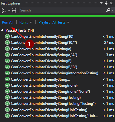 Run all tests from the Test Explorer Window